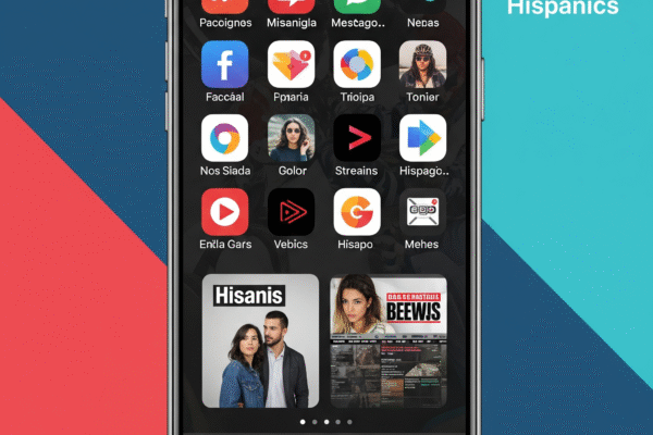 Las Apps Favoritas de la Comunidad Hispana en Móviles Diverse Hispanic users engaging with mobile phones, representing digital connectivity and unique mobile habits.