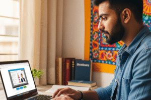 Hombre joven aprendiendo inglés en línea utilizando una computadora portátil en una habitación iluminada.