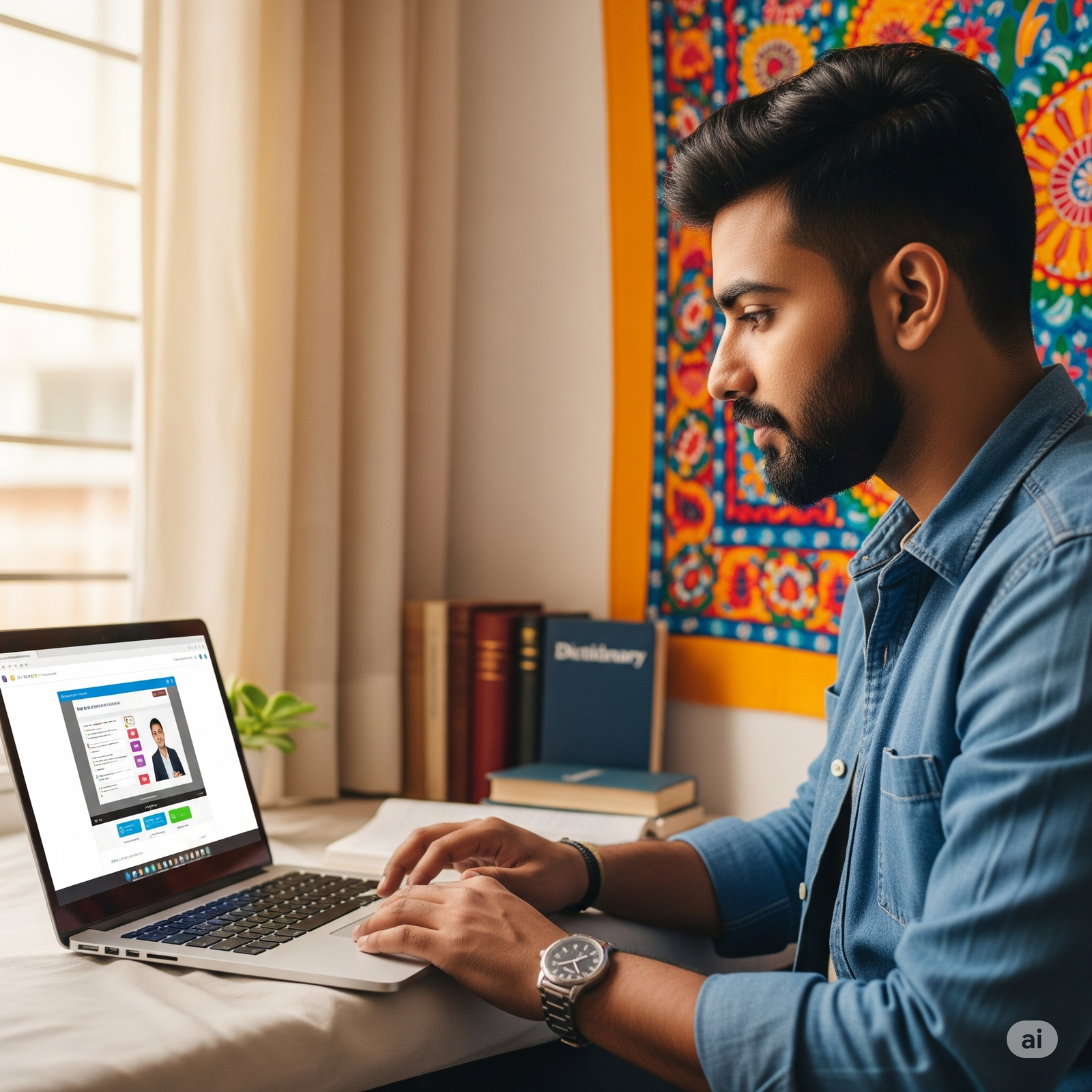 Hombre joven aprendiendo inglés en línea utilizando una computadora portátil en una habitación iluminada.