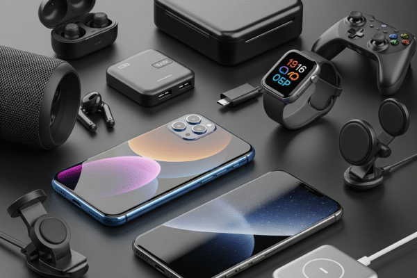 Los Dispositivos Más Usados en Móviles: Más Allá del Smartphone Various mobile gadgets like a smartphone, tablet, smartwatch, and wireless earbuds arranged to show their interconnectedness and importance in daily digital life.