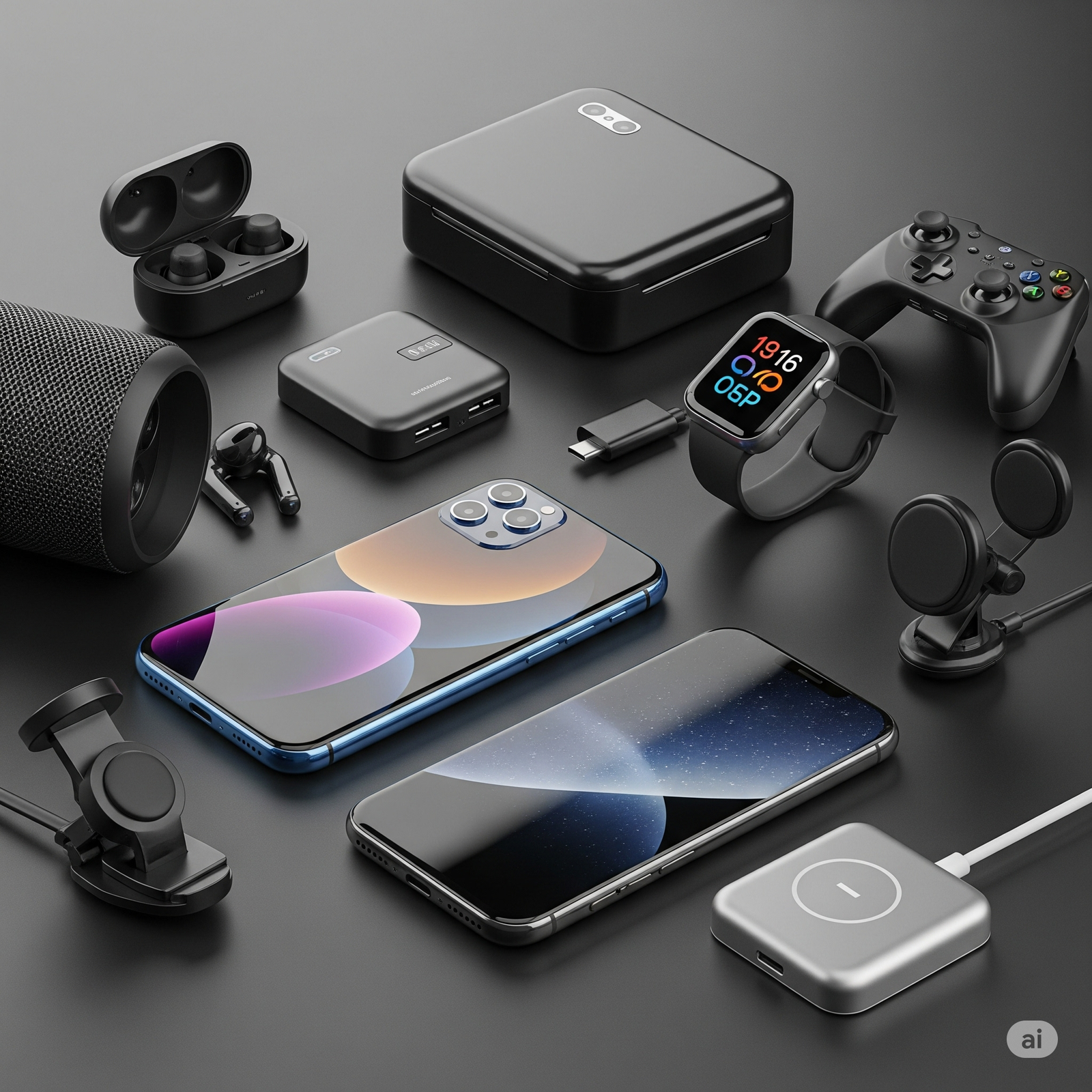 Various mobile gadgets like a smartphone, tablet, smartwatch, and wireless earbuds arranged to show their interconnectedness and importance in daily digital life.