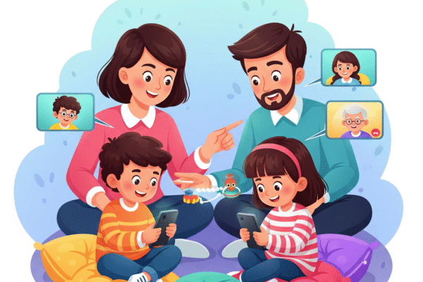Móviles y Niños: Navegando el Mundo Digital con Responsabilidad A young child engrossed with a smartphone, with a parent in the background, illustrating the growing trend of early mobile phone use and associated parental concerns.