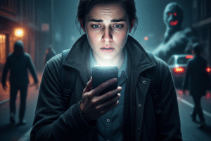 n individual seemingly absorbed by their mobile phone, with visual elements suggesting both connectivity and potential digital or physical dangers, highlighting the dual nature of modern phone use.