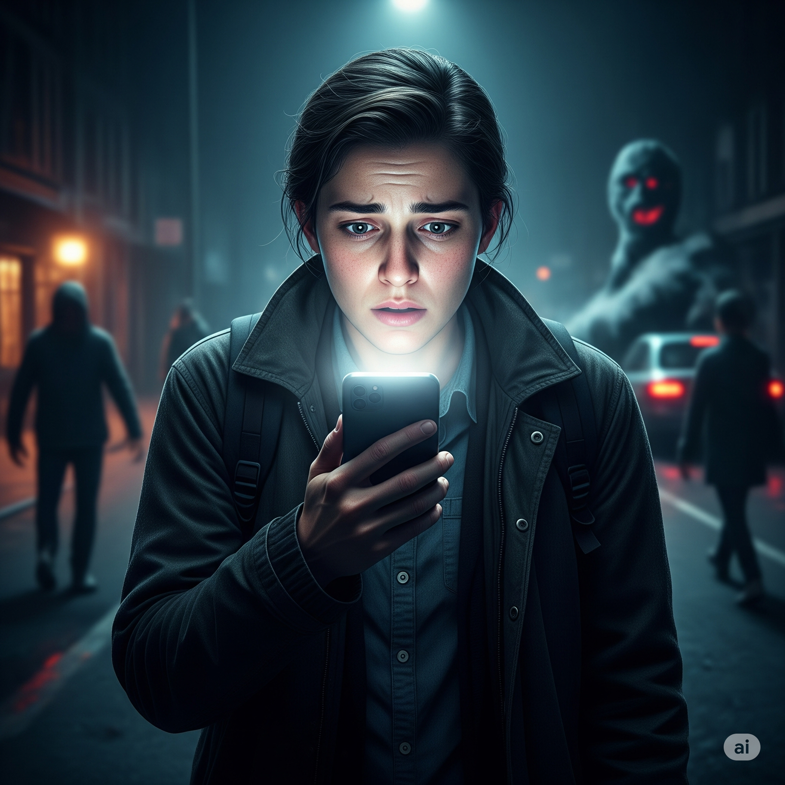 n individual seemingly absorbed by their mobile phone, with visual elements suggesting both connectivity and potential digital or physical dangers, highlighting the dual nature of modern phone use.