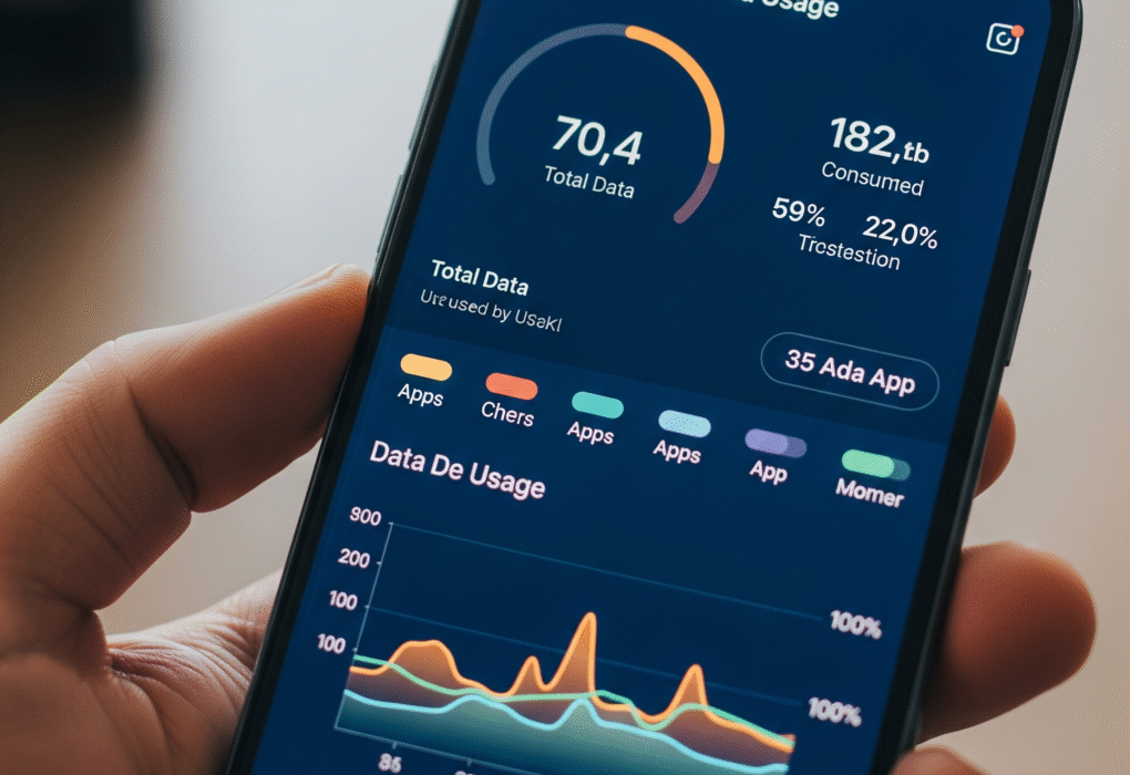 A smartphone screen displaying graphs or numbers related to data consumption, with digital lines indicating data flow and concepts like Wi-Fi and cellular towers, symbolizing mobile data usage and management.