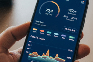 A smartphone screen displaying graphs or numbers related to data consumption, with digital lines indicating data flow and concepts like Wi-Fi and cellular towers, symbolizing mobile data usage and management.