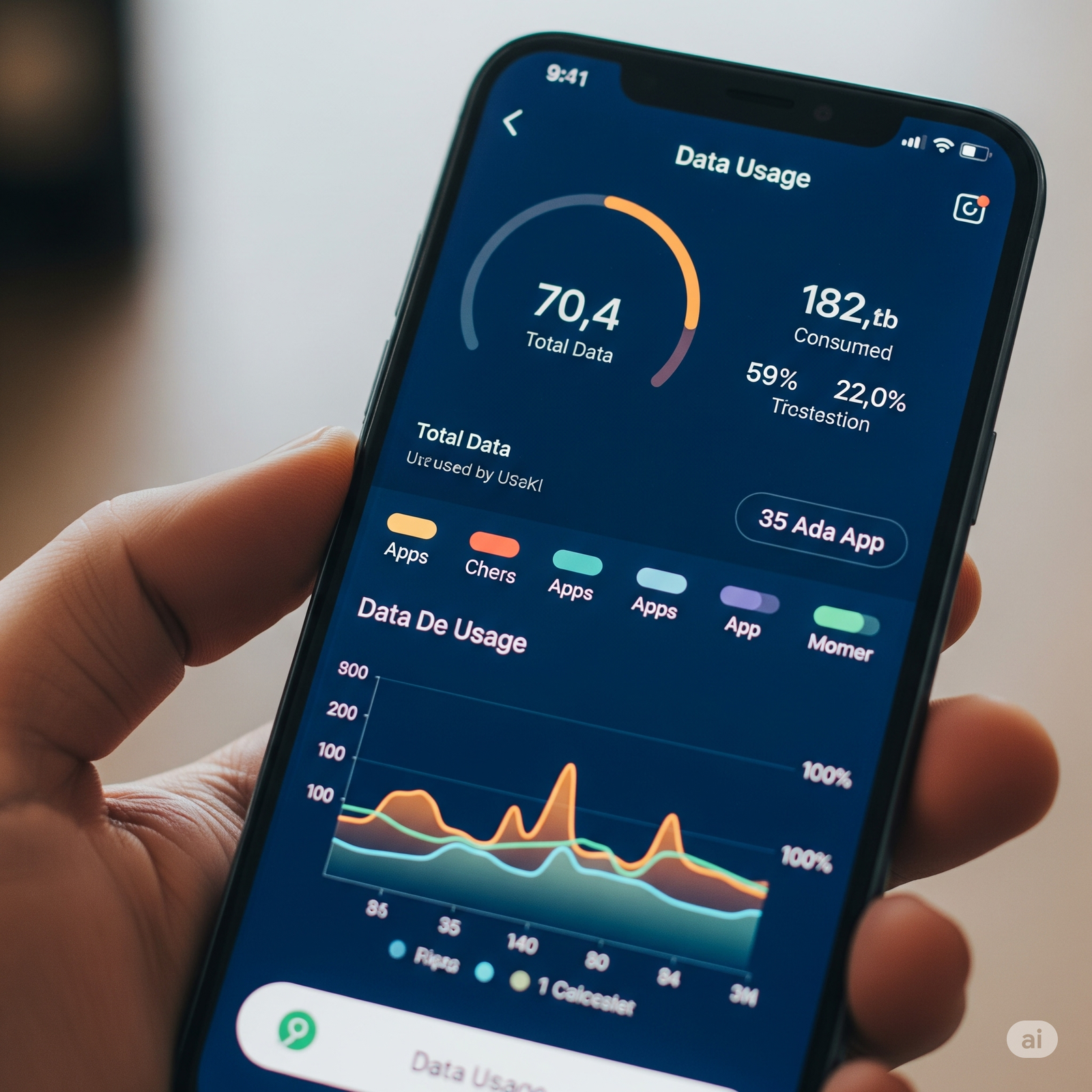 A smartphone screen displaying graphs or numbers related to data consumption, with digital lines indicating data flow and concepts like Wi-Fi and cellular towers, symbolizing mobile data usage and management.