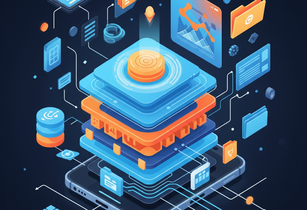 A stylized illustration of a smartphone screen showing digital layers or circuitry, conveying the invisible "brain" of a mobile operating system managing apps and connectivity.