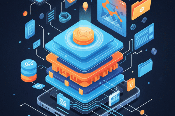 Explorando los Sistemas Operativos Móviles: El Cerebro de Tu Smartphone A stylized illustration of a smartphone screen showing digital layers or circuitry, conveying the invisible "brain" of a mobile operating system managing apps and connectivity.