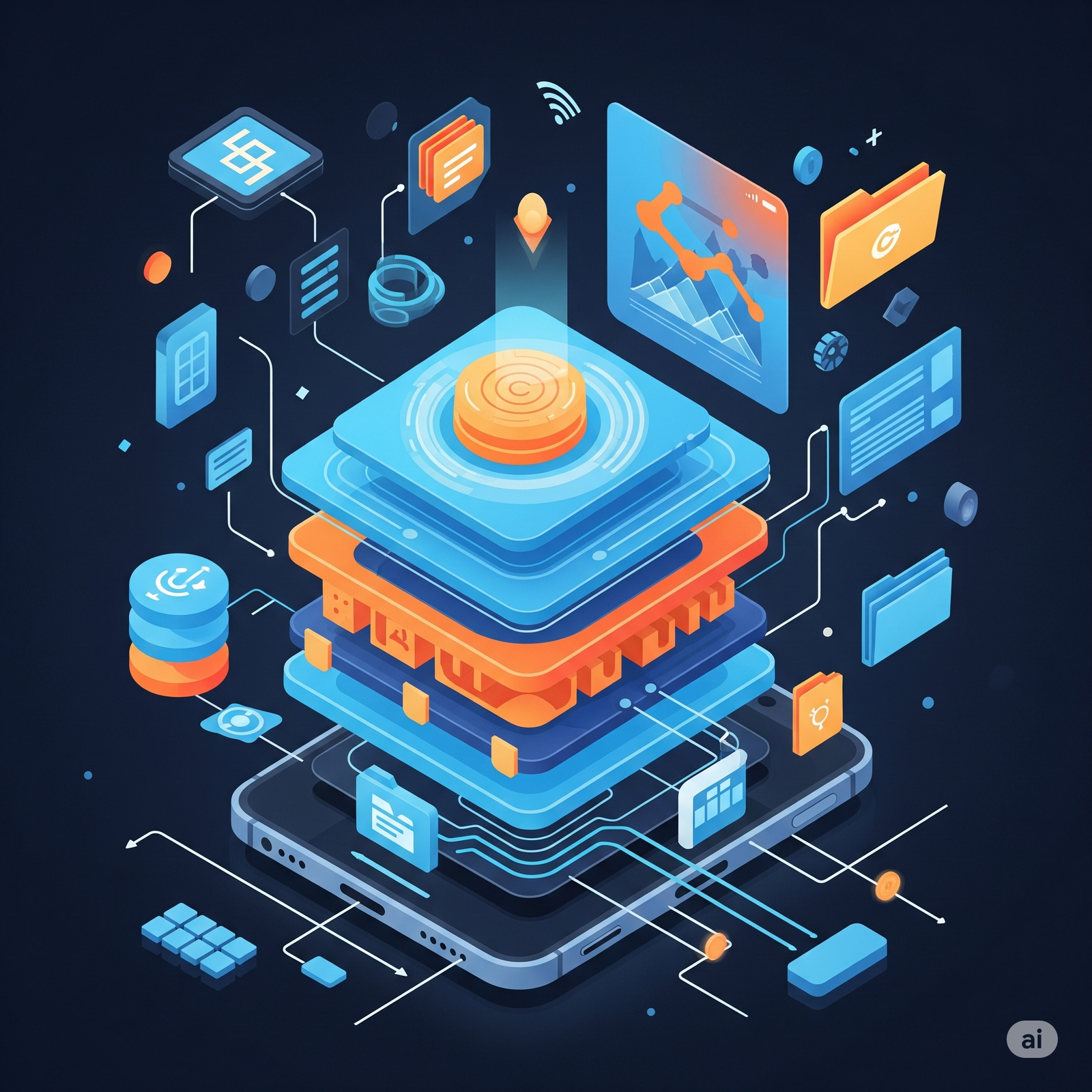 A stylized illustration of a smartphone screen showing digital layers or circuitry, conveying the invisible "brain" of a mobile operating system managing apps and connectivity.